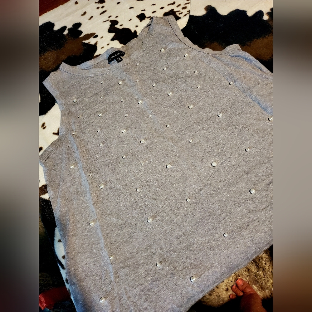 Gray Sleeveless Top with Pearl Embellishments